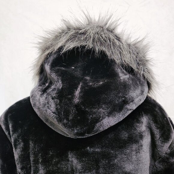 Black & Grey Faux Fur Jacket with Jewelled Rhinestone Closure and Hood - Picture 7 of 9